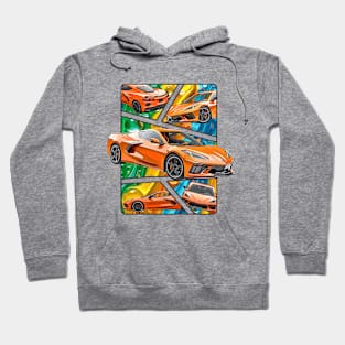 Multiple Angles of the Orange C8 Corvette Presented In A Bold Vibrant Panel Art Display Supercar Sports Car Racecar Amplify Orange Corvette C8 Hoodie